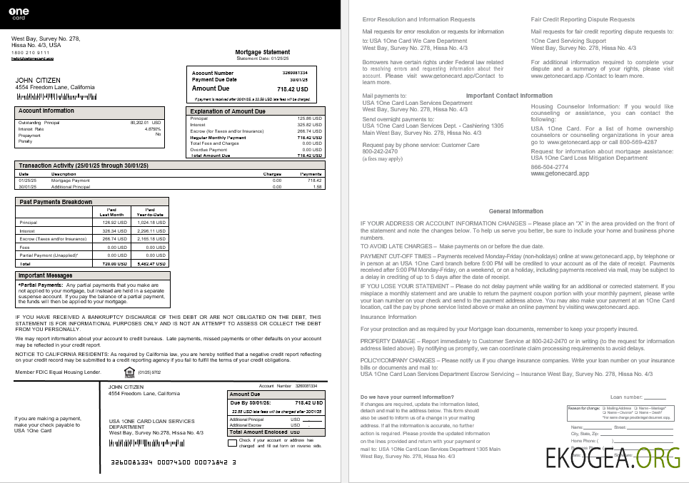 Relevé hypothécaire USA 1One Card aux formats Word et PDF